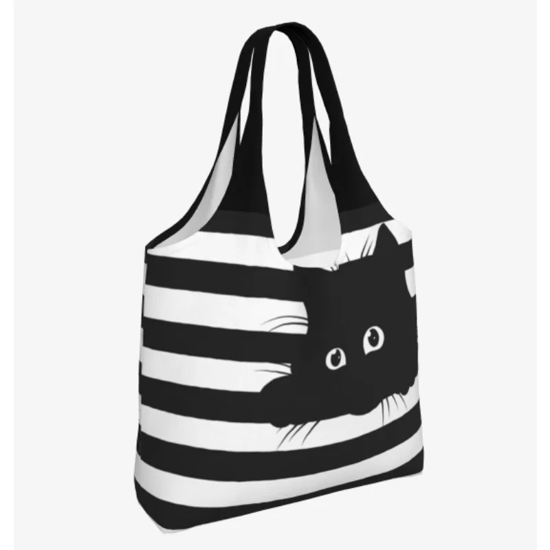 أبيض وأسود مخطط القط البقالة التسوق حمل الحقائب النساء التقليدية الصباغة الفن قماش حقائب الكتف للمتسوقين القدرة