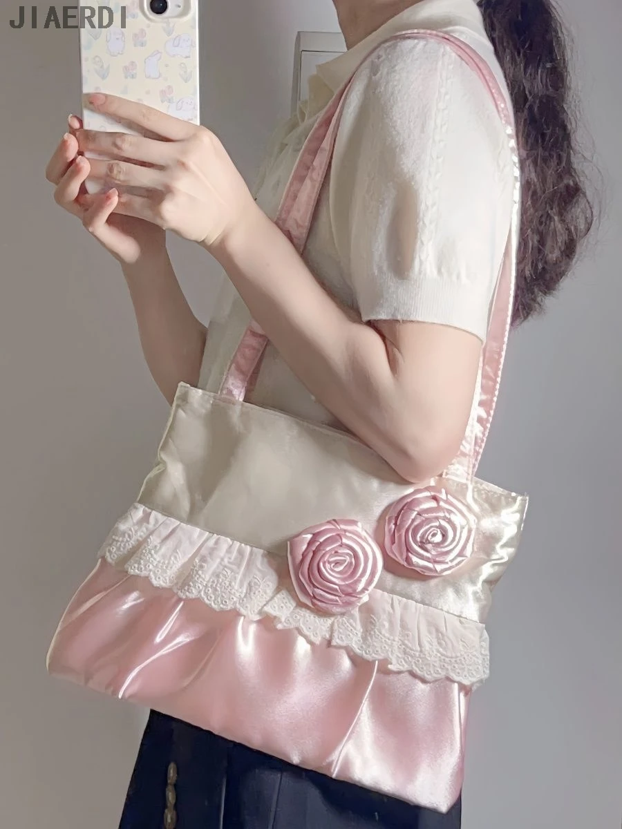 لوليتا الحرير المرقعة زهرة الورد حقيبة كتف المرأة الحلو الدانتيل التباين اللون حقيبة تحت الإبط لطيف Y2k محفظة أنيقة وحقائب اليد #2
