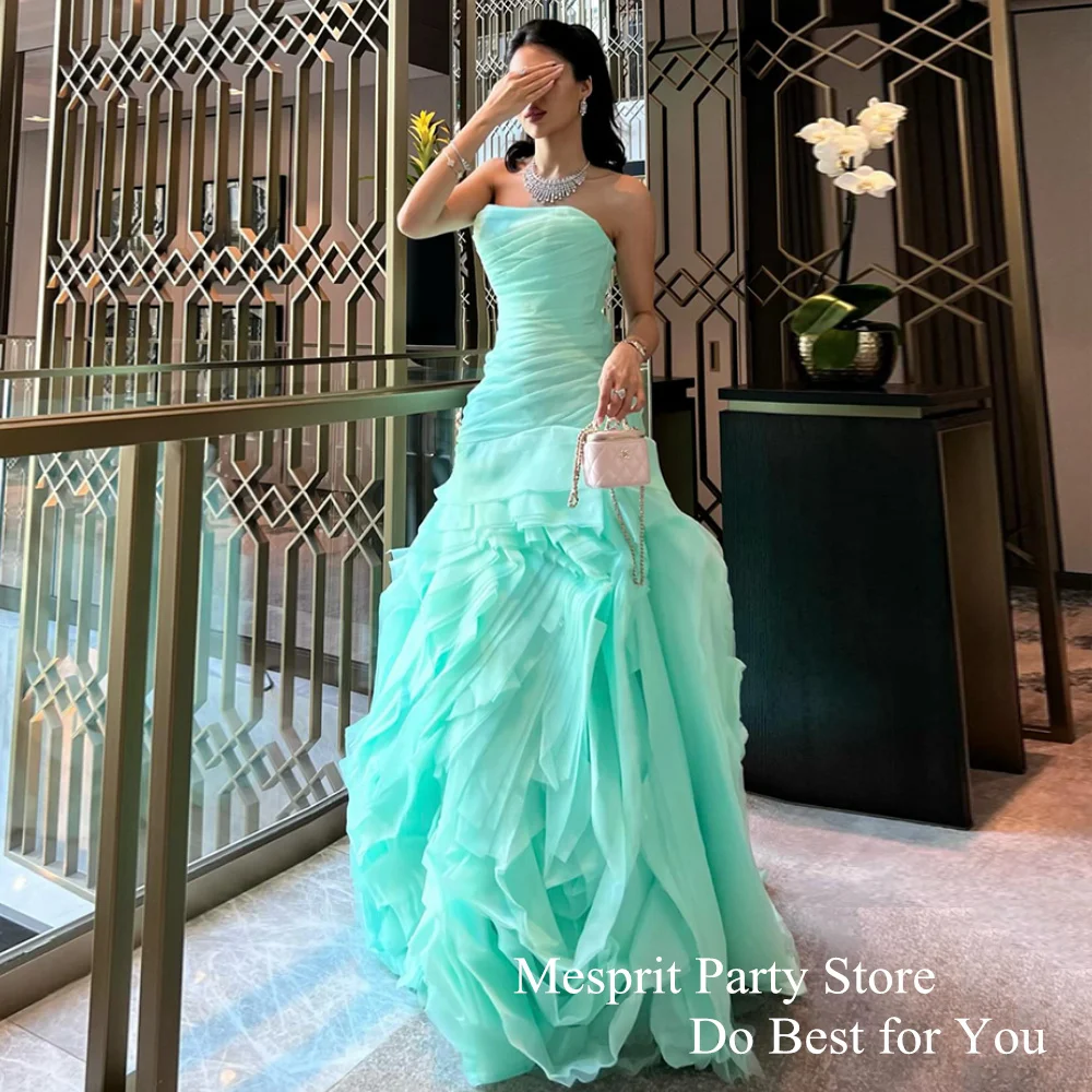 Mint Formal Occasion Dresses Strapless Sleeveless Pleat Ruffles Organza Mermaid Prom Party Gown Saudi Arab Evening Dress