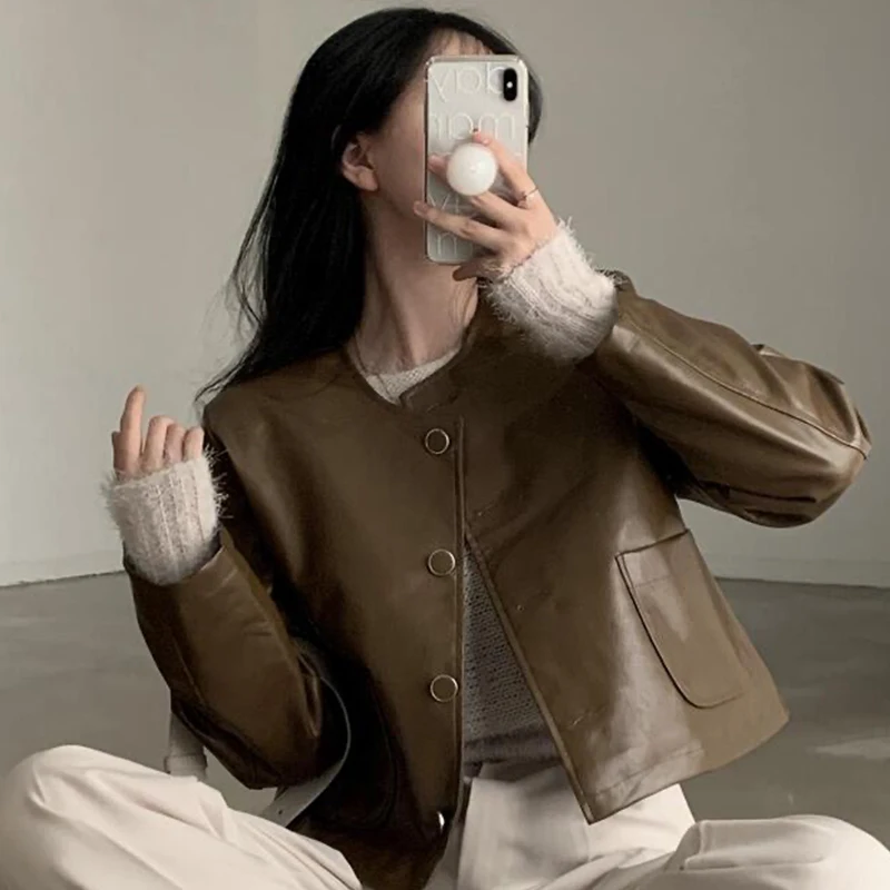 Chic Vintage round Neck Loose Casual Long Sleeve PU Leather Biker Jacket Women Spring Commute Style Fashion Outerwear