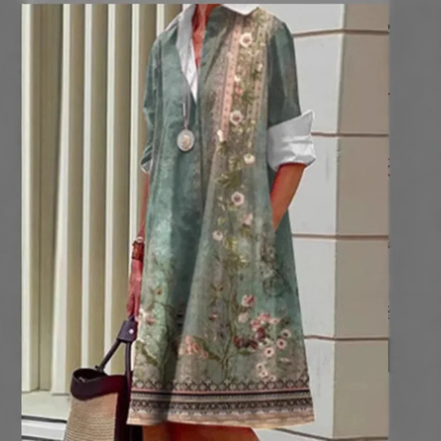 

【New style】's new floral 3D digital printed single-row open-button shirt dress temperament long skirt A-word