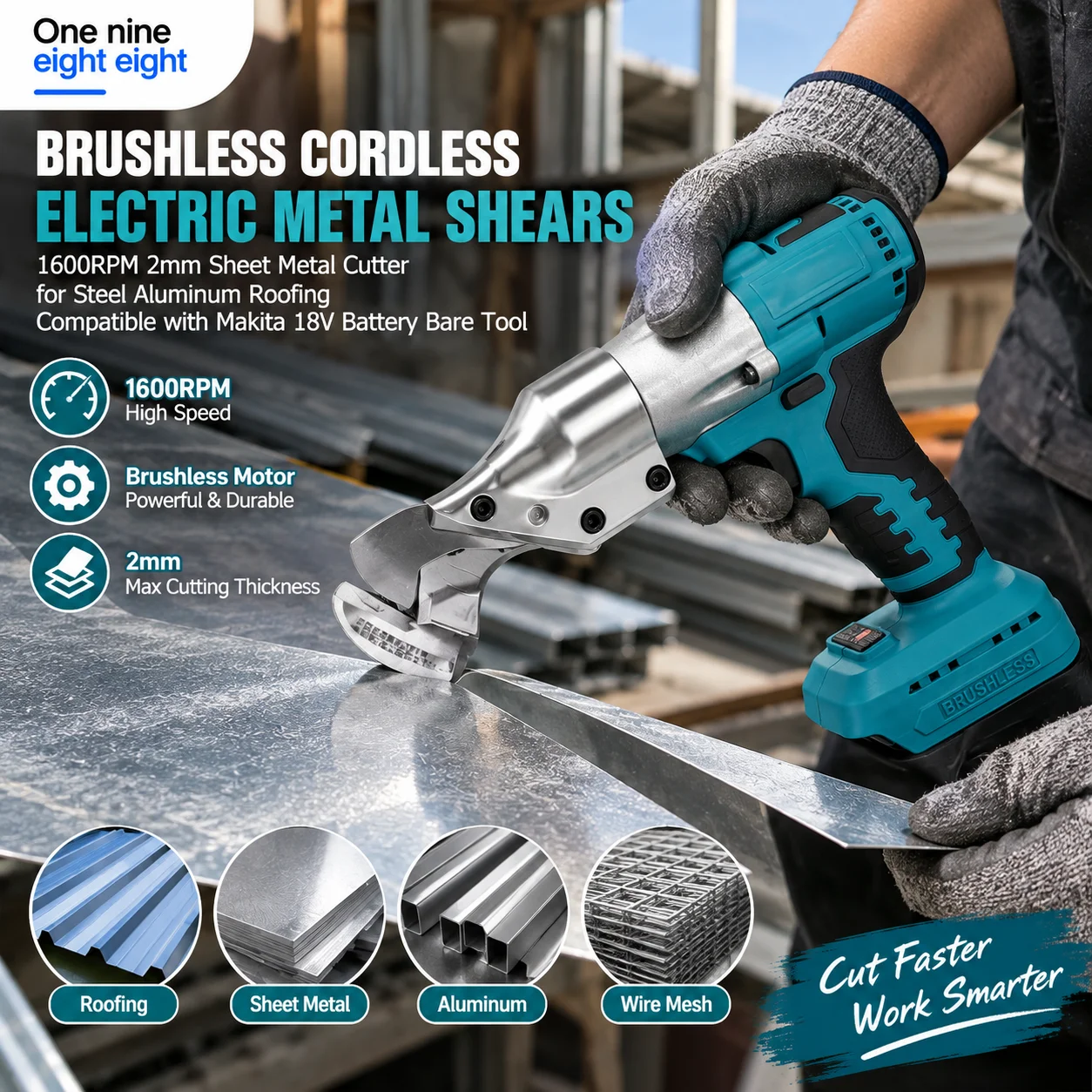 Cordless Metal Shears Brushless 1600RPM 2mm Sheet Metal Cutter for Steel Aluminum Roofing Compatible with Makita 18V Battery