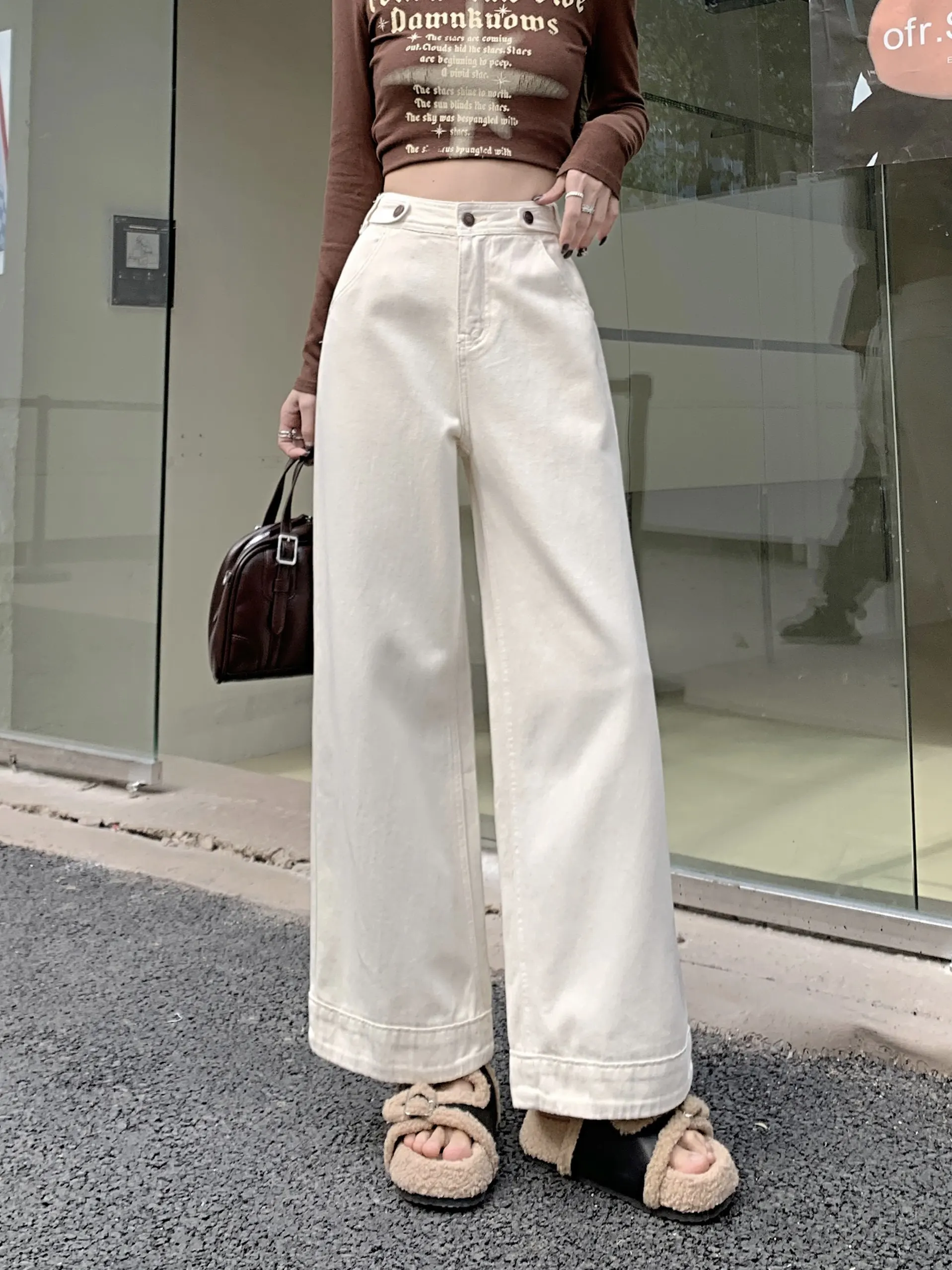 High Waist Wide Leg Denim Jeans Women's Early Spring New Design Sensation Small Size Versatile Slimming Nine Points Long Pants