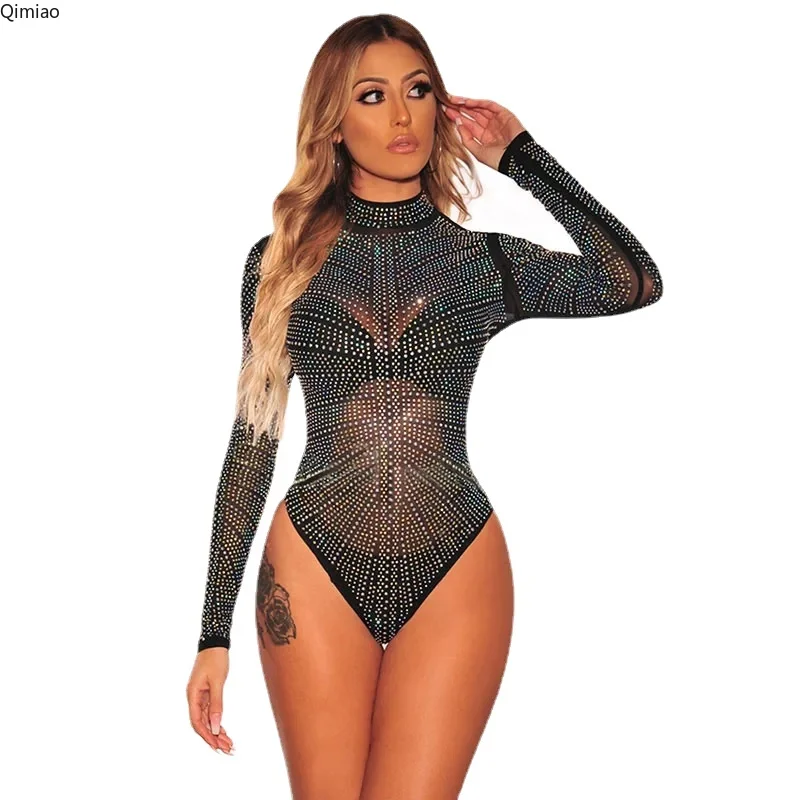 

Black Iridescent Rhinestone Bodysuit Woman Long Sleeve Mesh Sheer Turtleneck Studded Body Top Clothes Female Bodysuits