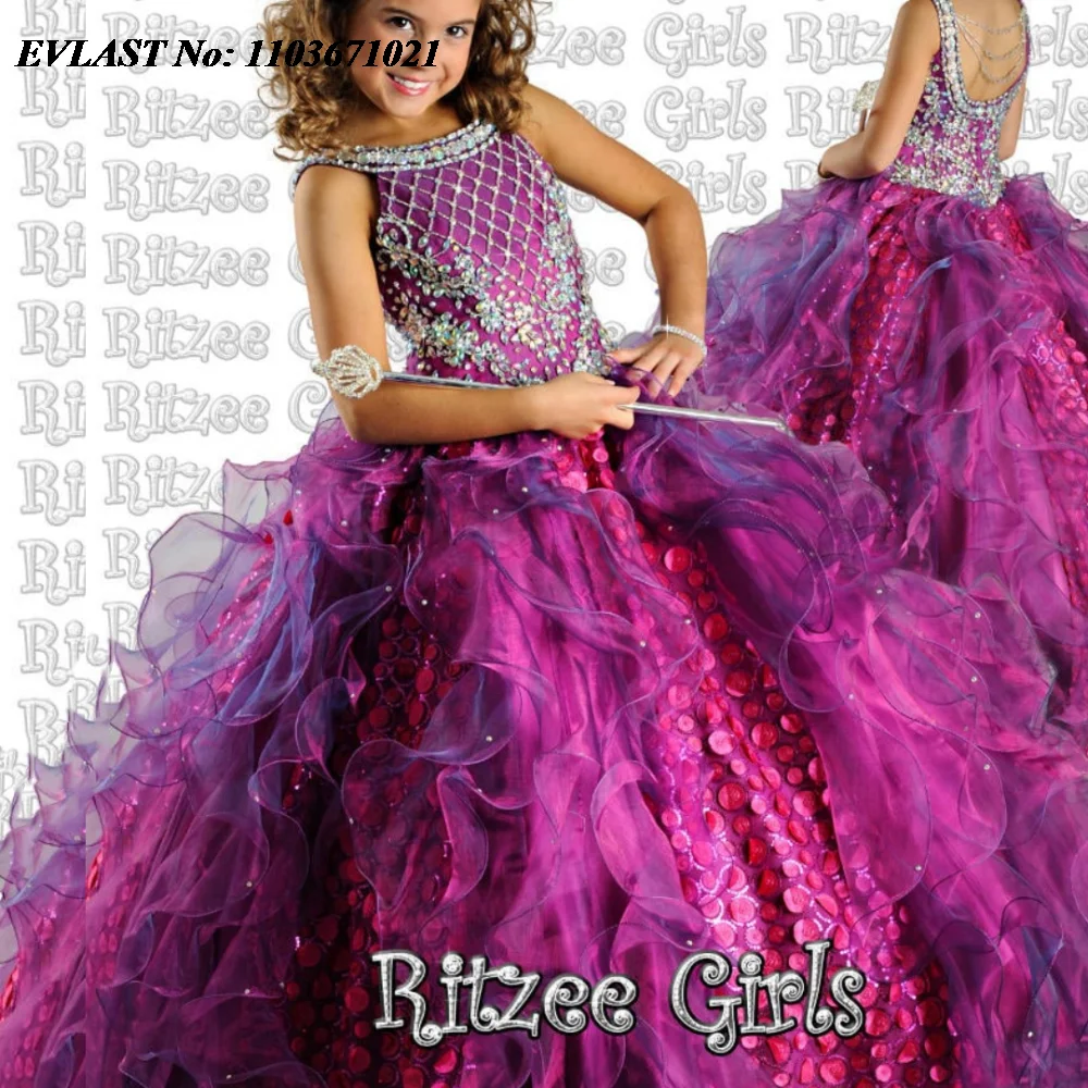 

EVLAST Lovely Purple Sequins Ruffles Flower Girl Dress Shiny Crystal Beaded Little Girls Pageant First Communion Gowns FD26