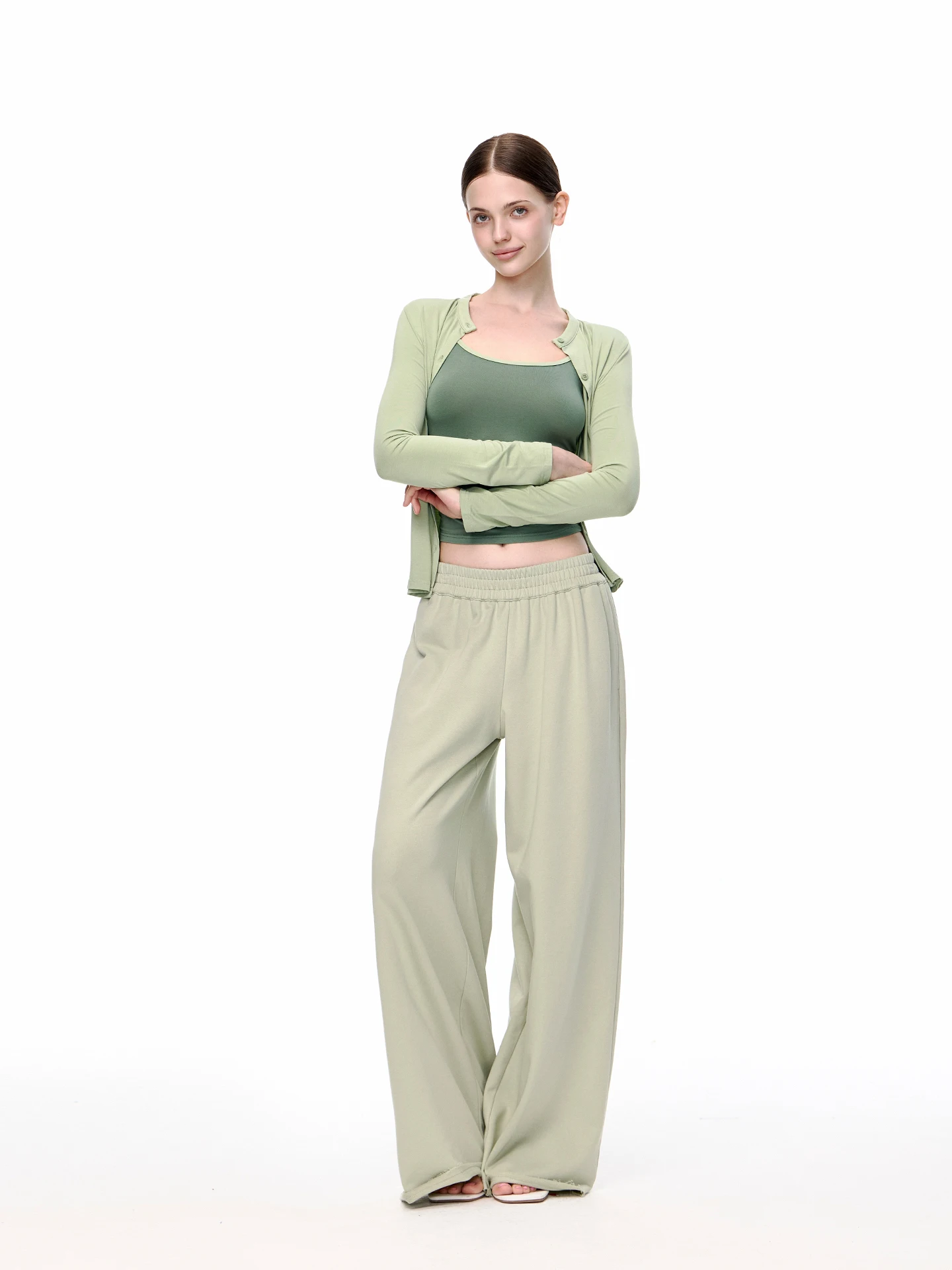 JLAUNT Green Wide Leg Pants Women's Lazy Loose Slim Straight Casual Trousers Versatile Low Waist Sweatpants Floor-Length Pants