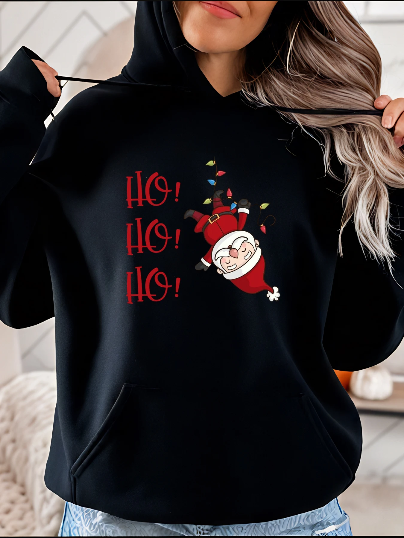 

Толстовка с принтом Санта-Клауса в рождественском праздничном стиле с текстом Хо Хо и праздничным дизайном для женской повседневной одежды
