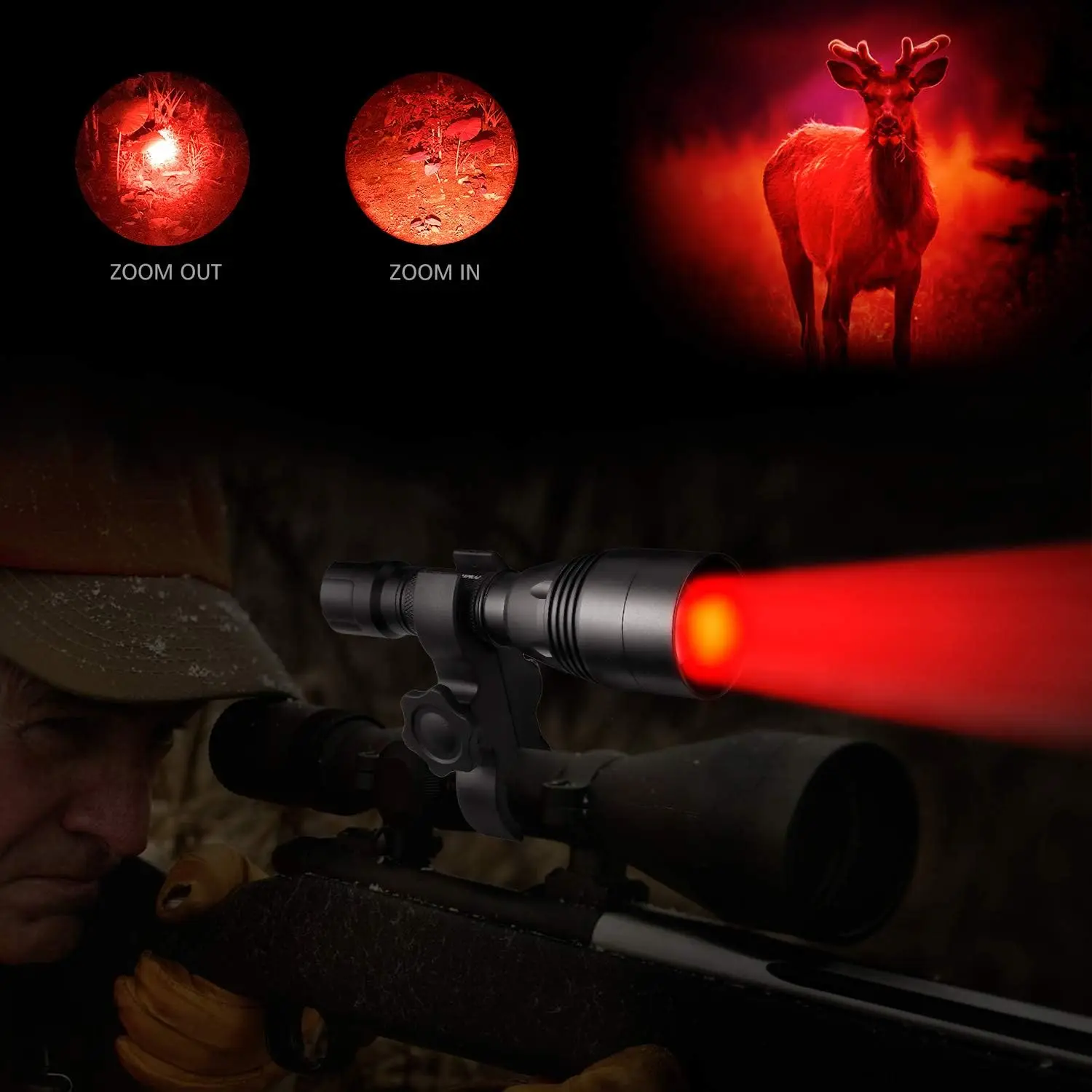 Long Range Zoomable Hunting Flashlight Kit with Green Red White IR LED Modules for Predator Night Hunting