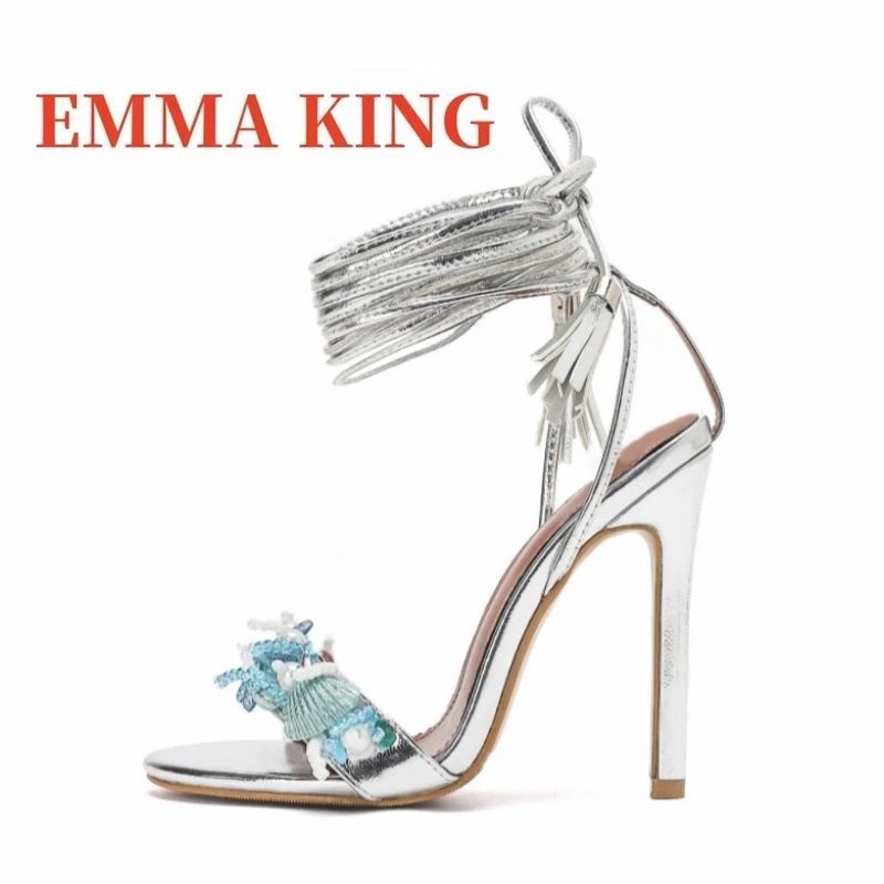 

Сандалии на шнуровке с декором в виде морских звезд, сандалии с круглым открытым носком и обхватывающими ремешками, обувь для свадеб, вечеринок и повседневной носки, сандалии на высоком каблуке с декоративными элементами