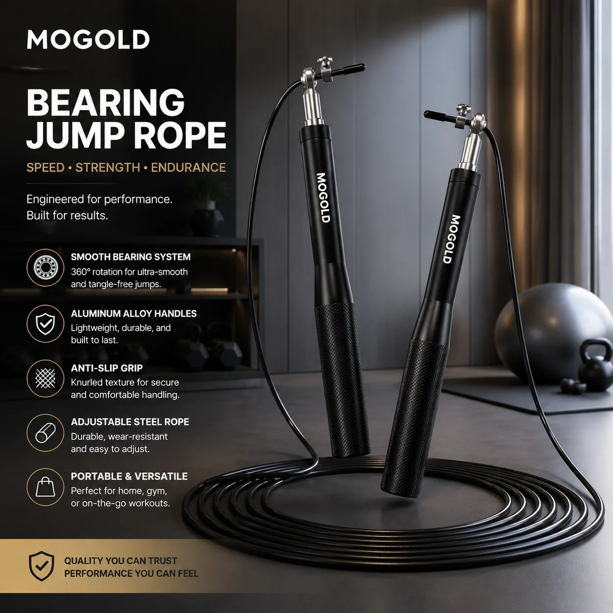 MOGOLD Professional Jump Rope – Premium Ball Bearing System, Aluminum Alloy Handles, Anti-Slip Grip & Adjustable Steel Cable for