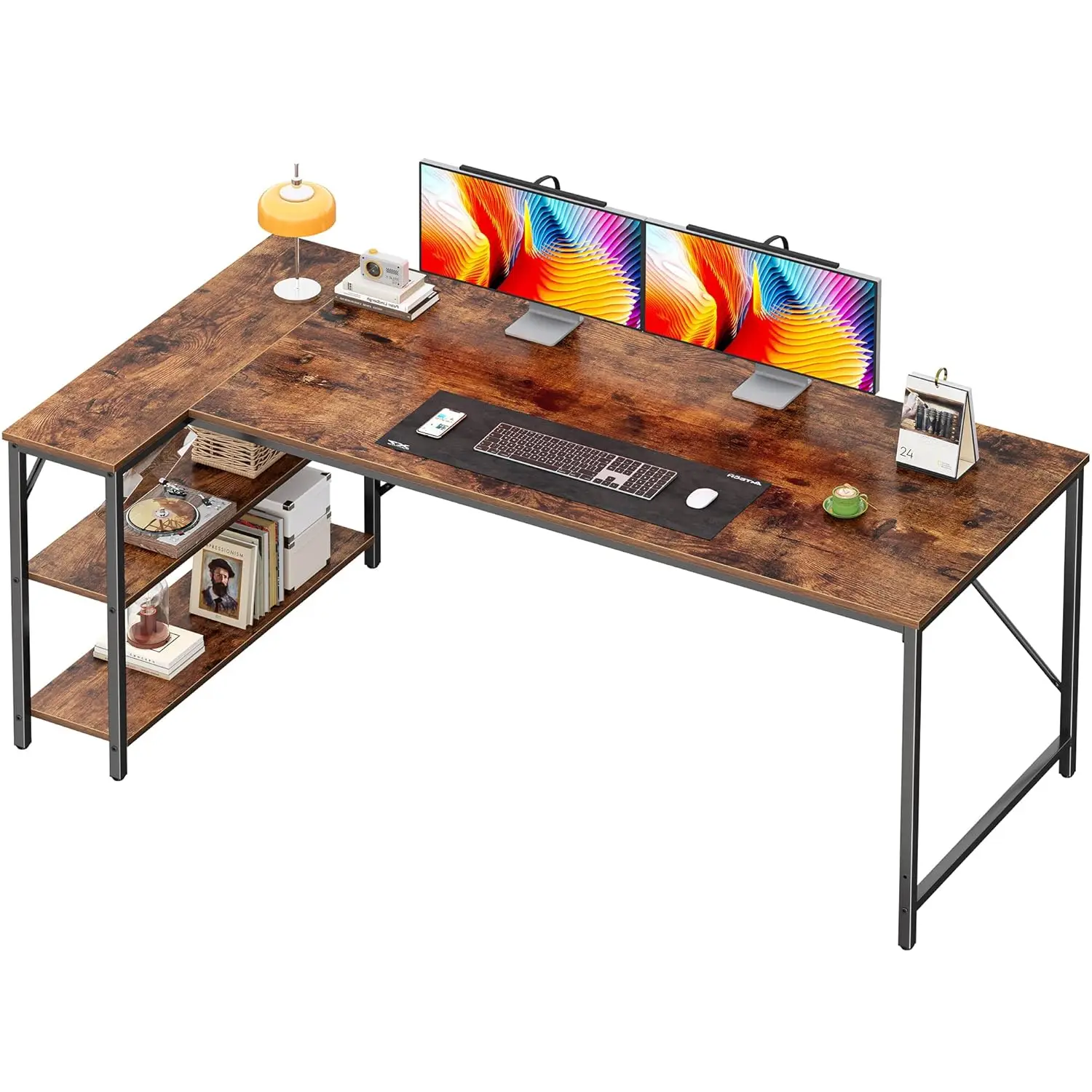 

L Shaped Computer Desk with Reversible Storage Shelves Gaming Corner Home Office Study Metal Frame Rustic Brown, Customized