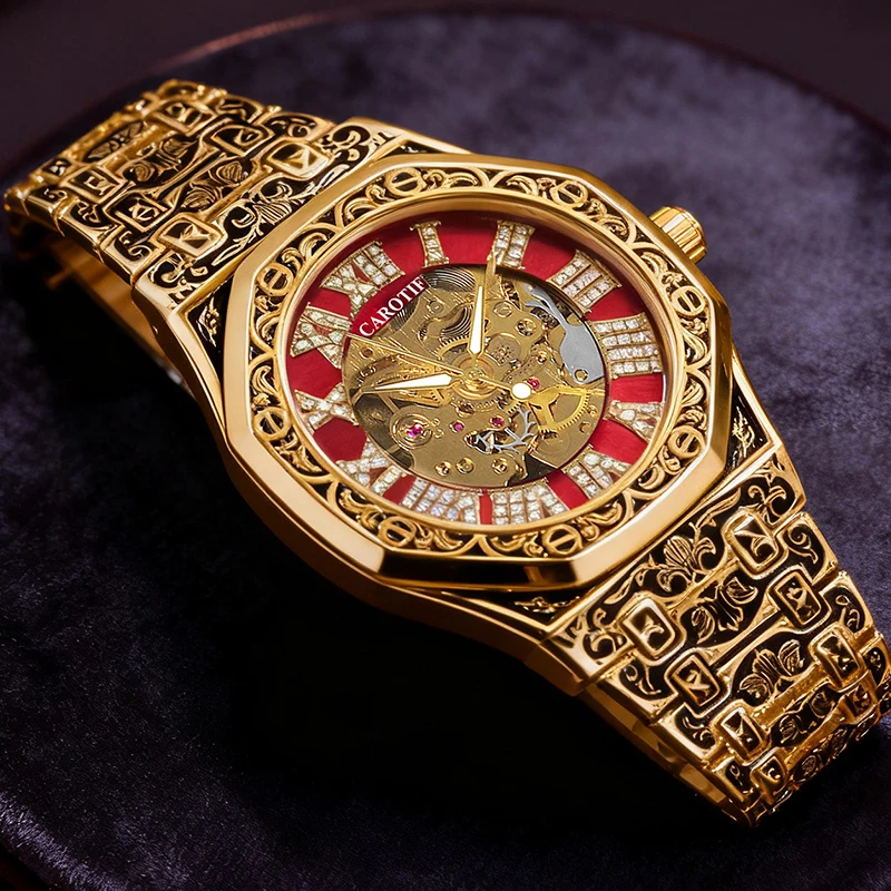A men's black and gold steel strip fashionable retro digital stripe nail polygonal fully automatic mechanical watch