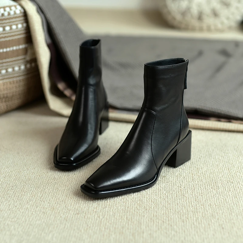 QUTAA 2024 News Women Ankle Boots Leather Autumn Square Toe Short Boots Winter Shoes High Heel Woman Office Lady Size 34-43