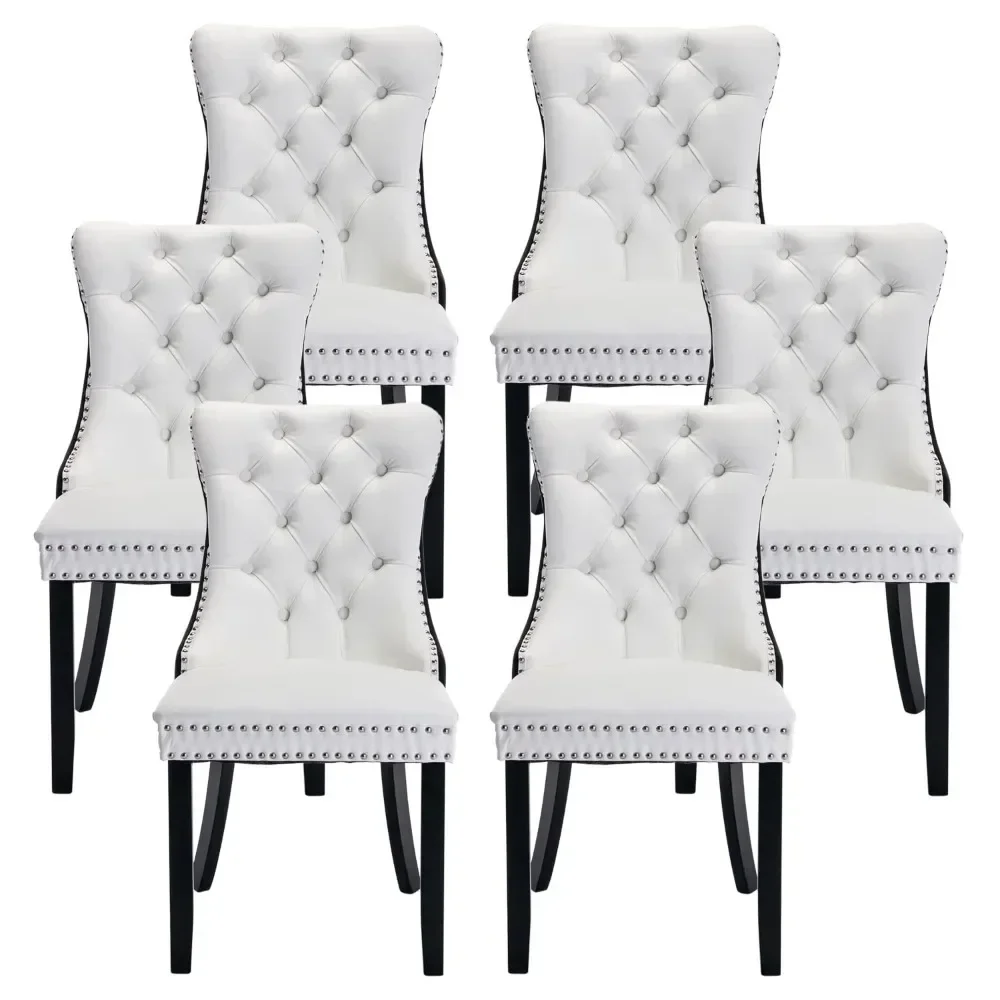 PU Leather Dining Chairs Set of 6, Upholstered Dining Room Chairs with Ring Pull Trim & Button Back, Luxury Tufted Dining Chairs