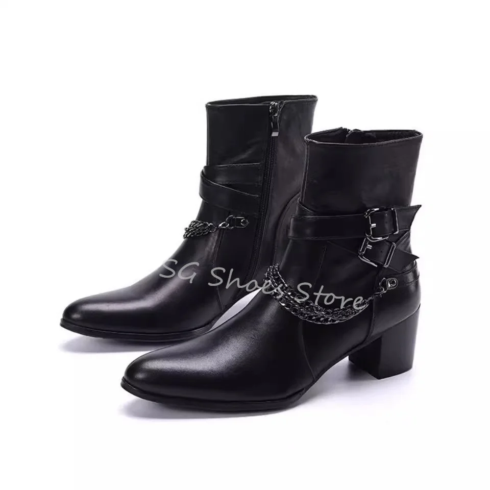 Pointed Toe Square Heel Motorcycle Boots Punk Chain Decor Men's Zipper Ankle Boots Male Party Dress Chelsea Boots Szie 37-48