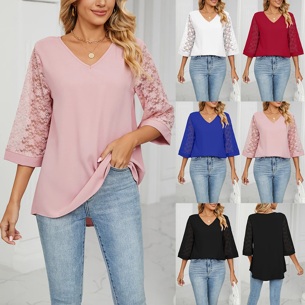 Womens Spring Summer V-Neck Chiffon Lace Blouse Tops Ladies Casual Loose Shirts T-Shirts Tee Plus Size 2024