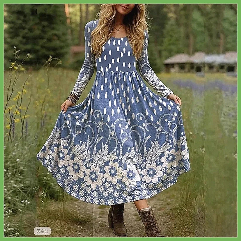 Abito Lungo Boho Vintage con Stampa per Donna 2025, Vestito Casual con Scollo a V e Vita Alta