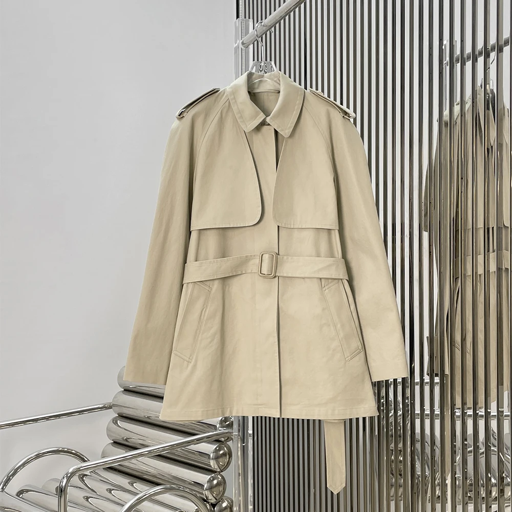 100% Cotton Women's Trench Coat 2026 New Short Belted Windbreaker Lapel Shoulder Epaulet Sleeveless Casual Fashion Outerwear