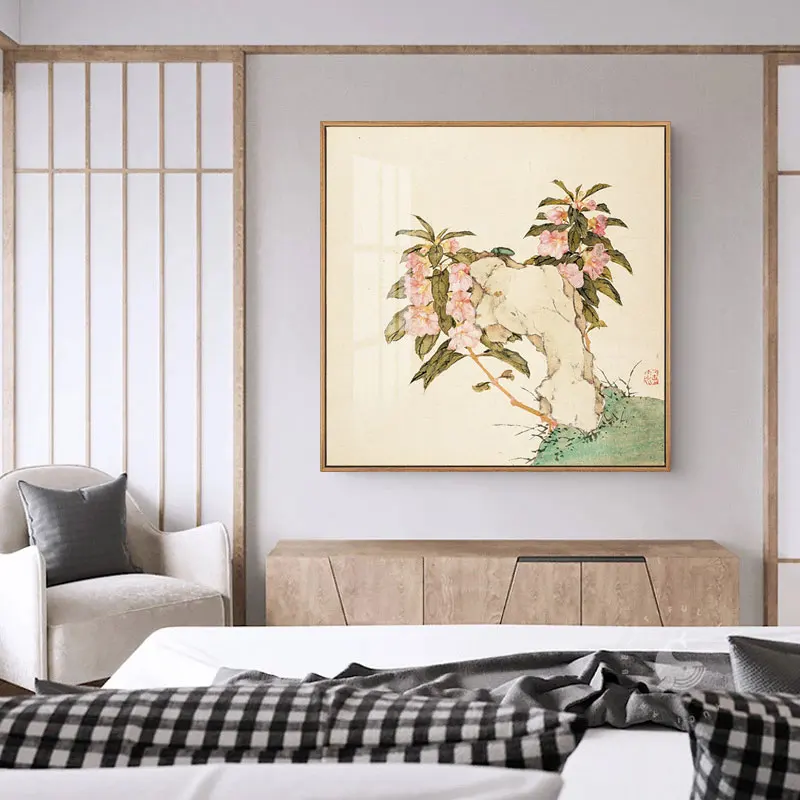 Vintage Chinese Ink Painting Canvas Art Print Painting Poster Of Flowers and stones By Unframed Wall Pictures For Living Room