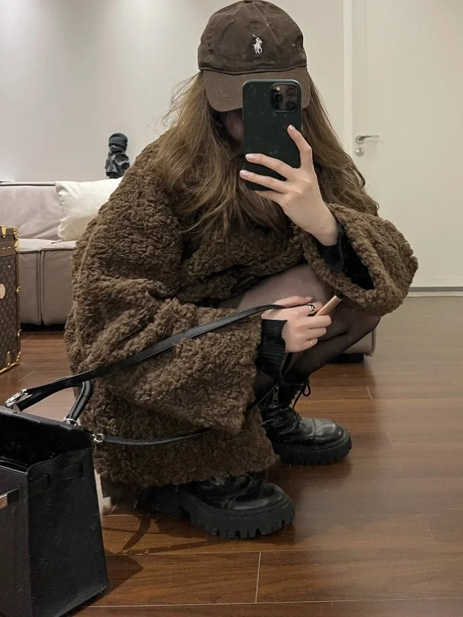 

Lamb Fur Thiened Outerwear Women's Faion Spring 2026 New Sle Plu Coat Relaxed Fit Long Sve Warm Mid-Length Coat