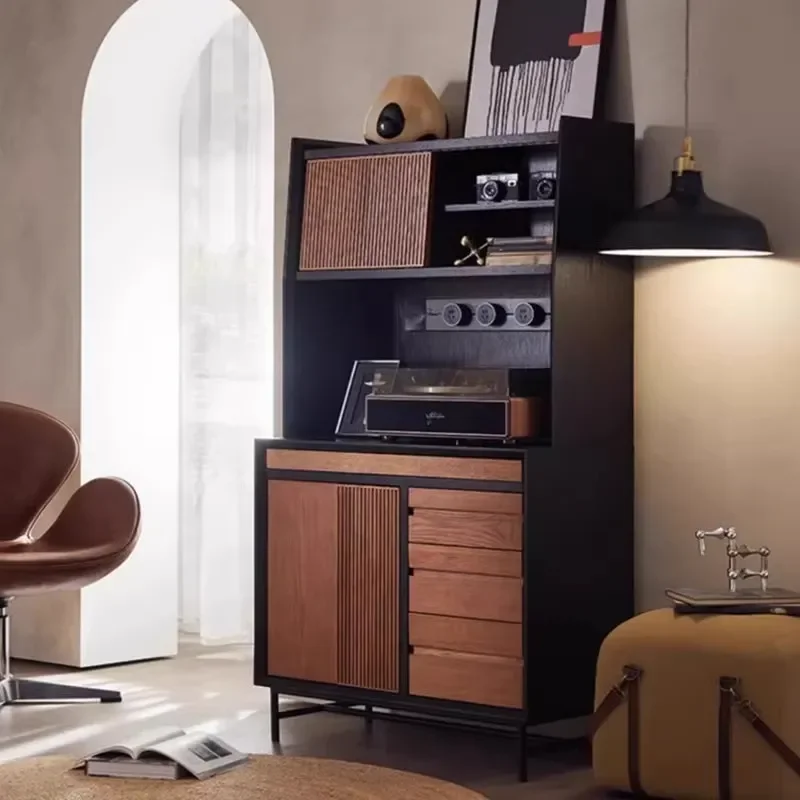 Modern Retro Solid Wood Side Cabinet Medieval Multi Functional Locker Integrated Wine Storage Unit Against The Wall