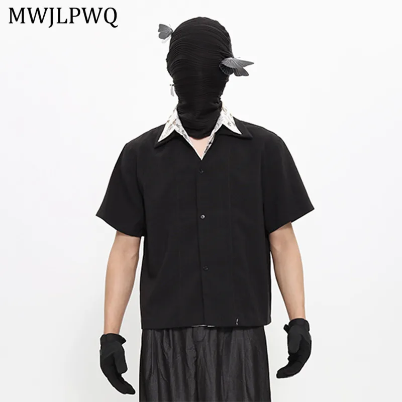 

MWJLPWQ Fake Two-piece Linen Turn-down Collar Short Sleeve Shirts Male High Street Unisex Summer Black High-end Casual Top 11125
