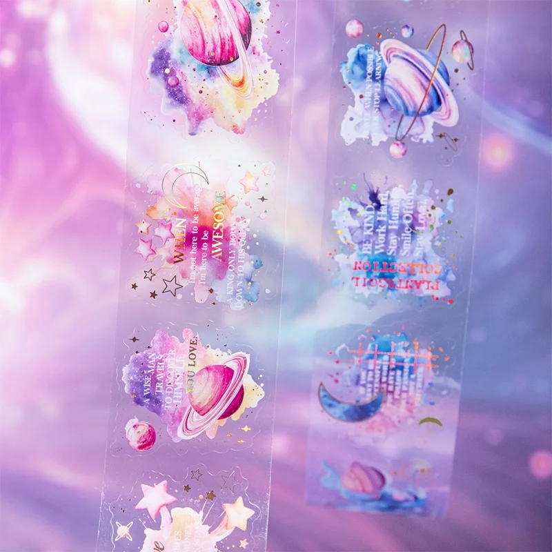 6-roll pack 5cm×200cm starry sky themed PET die-cut tape. Comes with pre-cut design and adhesive backing, suitable for bullet journal backgrounds, DIY phone decorations, greeting cards, cups, planner decorations, stationery use, junk journaling, craft book paper, DIY - perfect for creative arts and crafts, holiday decorations!
