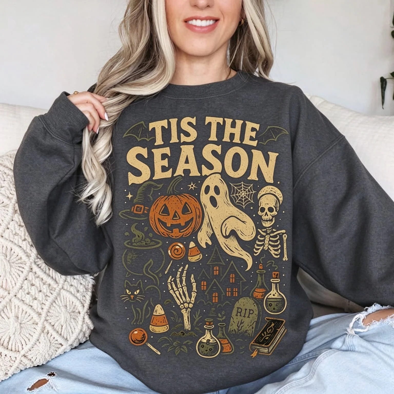 2026 Retro Halloween Sweatshirt Spooky Ghost Skeleton Pumpkin Potion Haunted House Print Pullover Casual Halloween Unisex Tops