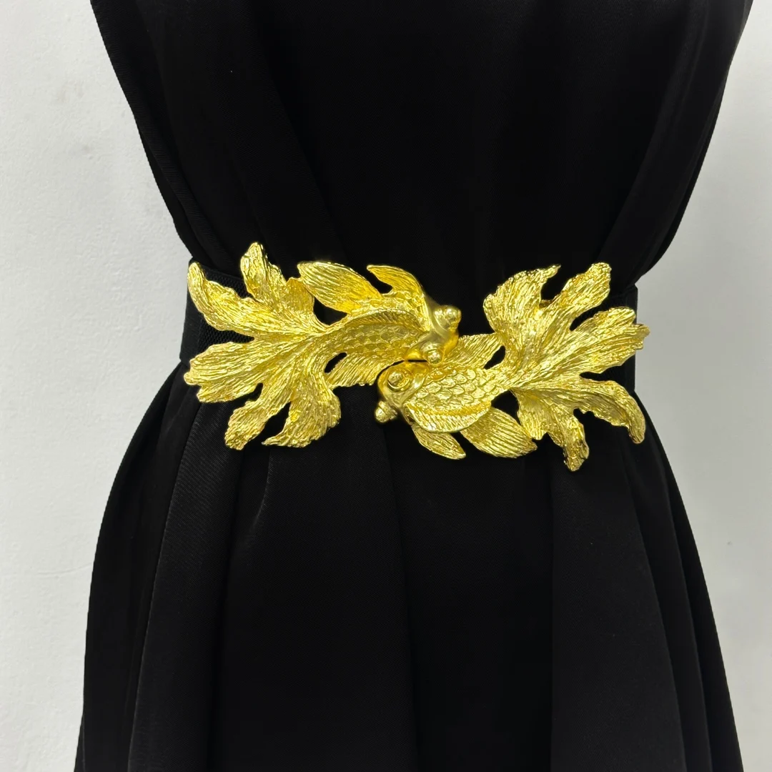 

Heavyweight Antique Sense Women Elastic Belt Too Delicate Big Brand Carved Goldfish Distinctive Waist Seal Personality New Heavy