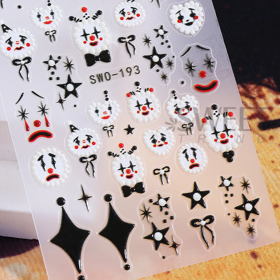 2 Stück Halloween-Nagelaufkleber, verrückter Ausdruck, Clown-Gesicht, Schleife, Sternmuster, Nagelaufkleber, DIY-Maniküre-Dekoration, Nagelzubehör – Detail 7