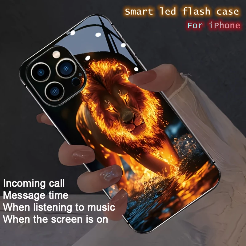 

Lucky Lion Tiger Snake Bird Cat Светодиодный светящийся чехол для телефона для iPhone 16 15 13 12 Pro Max 14 Plus 16e XS XR Светящийся стеклянный корпус Capas