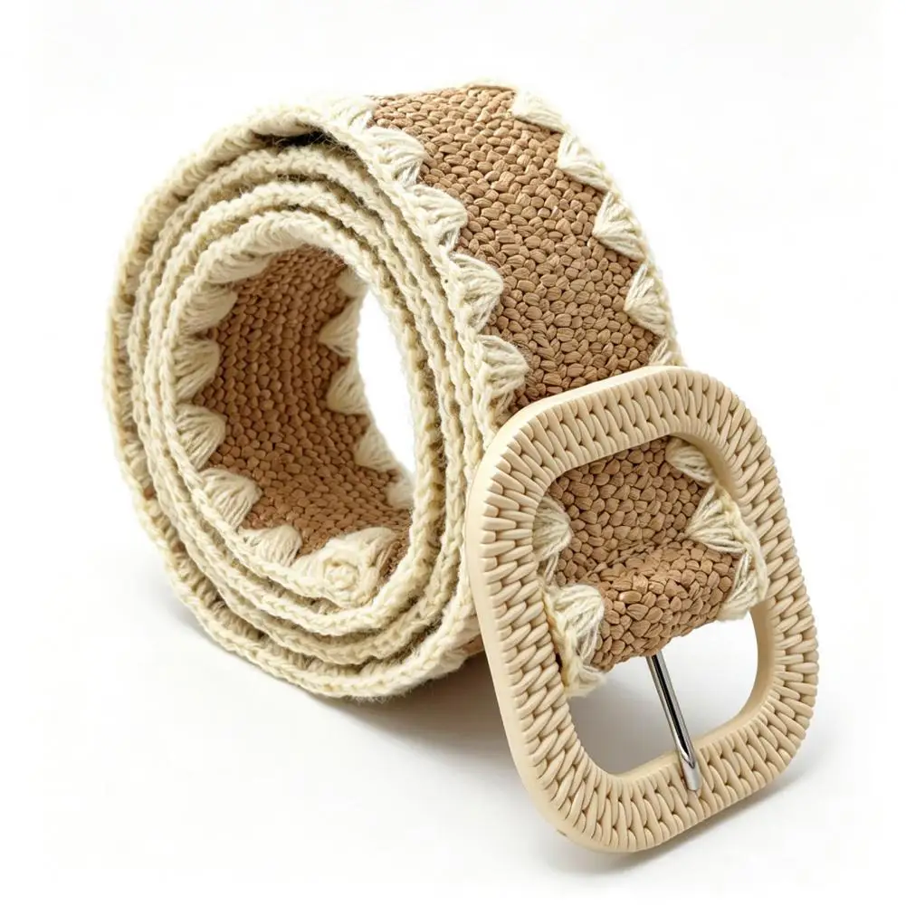 Vacation Style Belt 35 Woven Faux Straw Belt with Rectangular Pin Buckle Boho Elastic Waist for Women for Dresses for Dresses