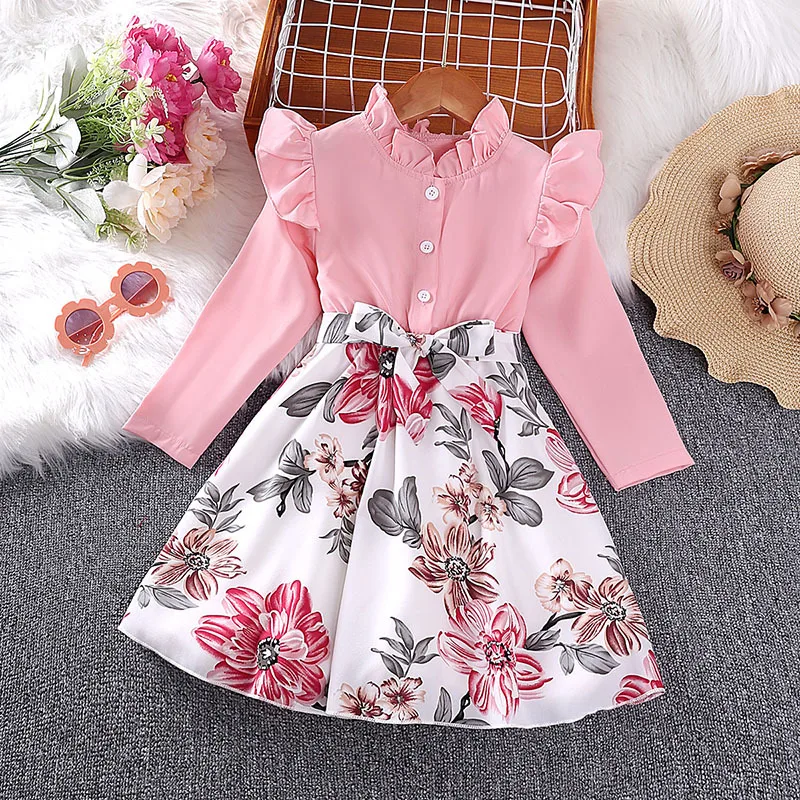 

Laura Kors 2023 Winter New Girls Dress Long Sleeve Ruffles Sashes Print Floral Pink Girls Dress Vestido 18M-7T