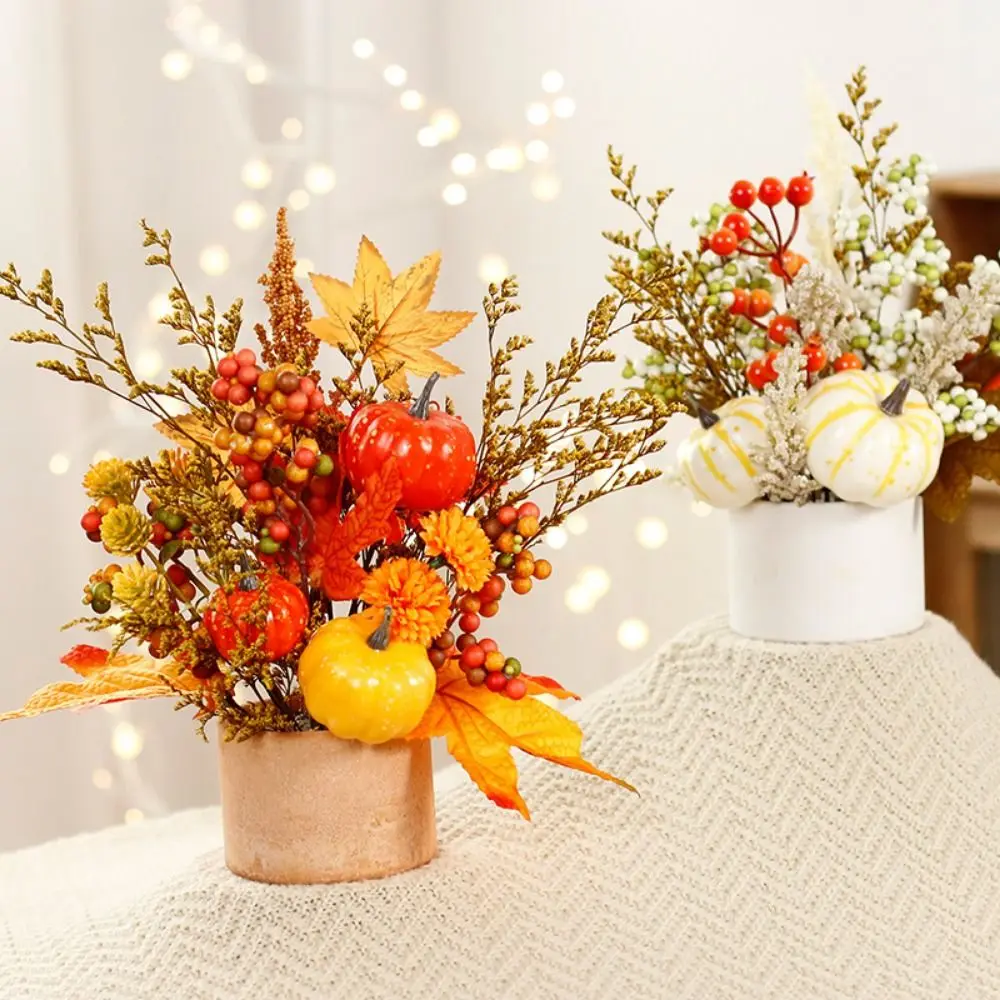 Durable Harvest Festival Pot Ornament Plastic Fake Autumn Leaf Maple Leaf Pumpkin Ornament Flower Art Realistic