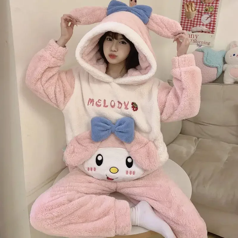 New Autumn Winter Sanrios My Melody Coral Velvet Pajamas Women Kuromi Cinnamoroll Thicken Hooded Cartoon Cute Home Clothes Suit