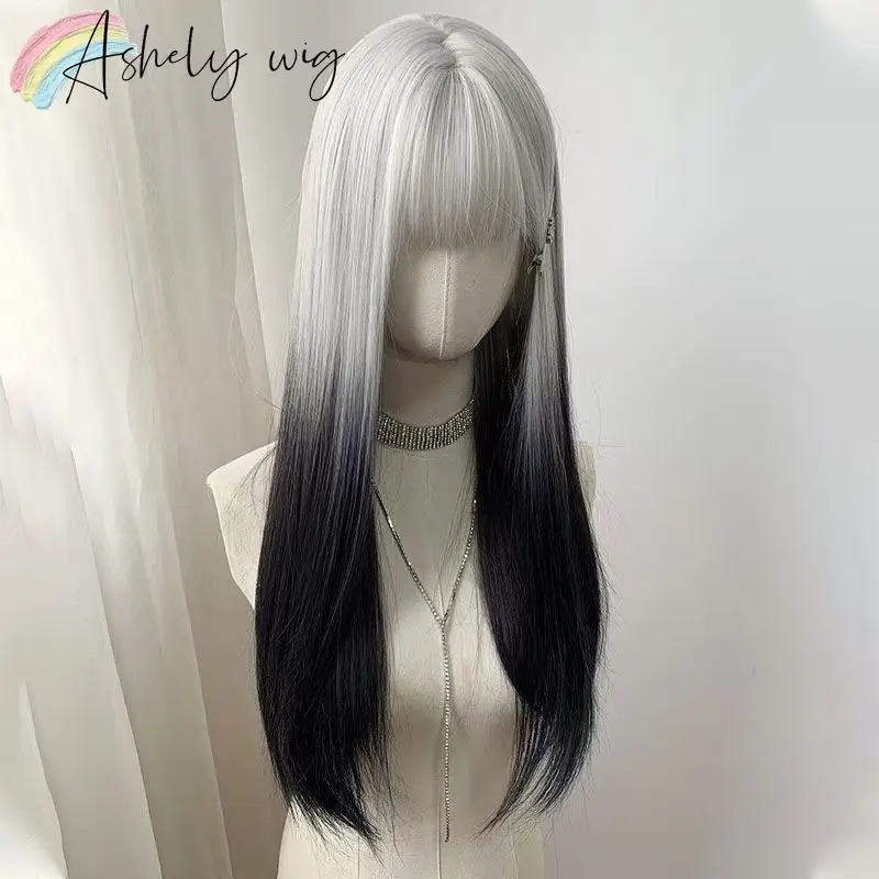 Long Straight Wig with Bangs 24inch Gray Balck Ombre Hair Natural Wig Woman Cosplay Heat Resistant Synthetic Wigs