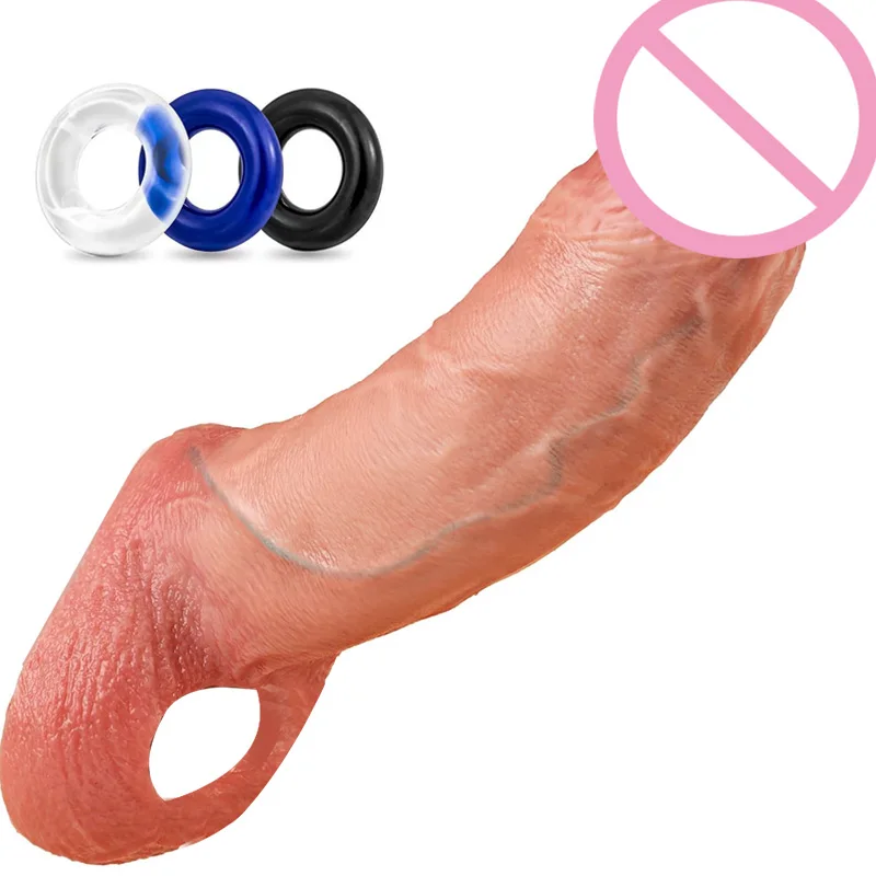 Realistic Soft Cock Ring Penis Sleeves Male Delay Reusable Ejaculation Dildo Enlarger Sex Toys Lock Penisring Adult Male Couple