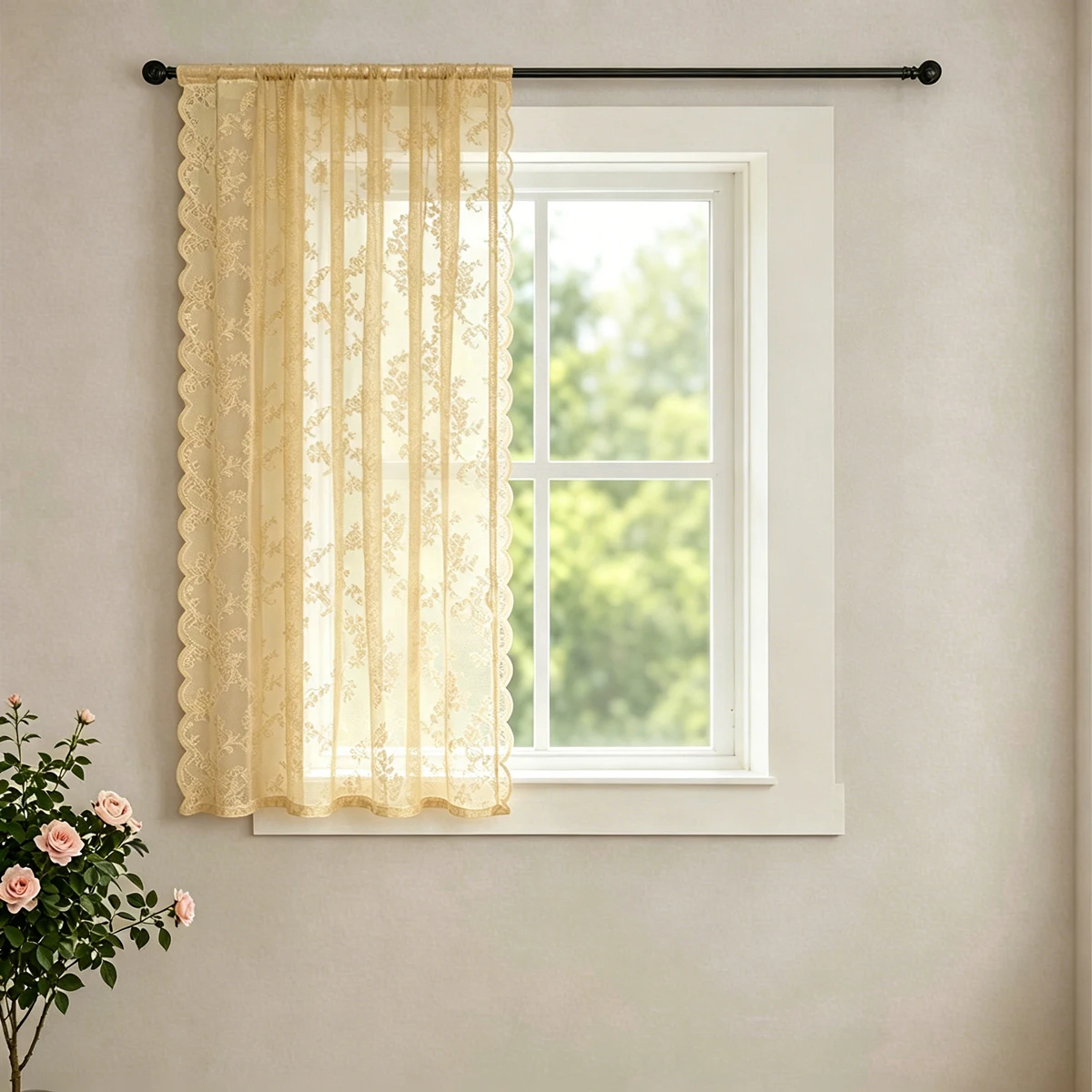 1 Stück französischer Vintage-Rosenspitzenvorhang mit wellenförmigen Rändern, kleiner dekorativer Fenstervorhang ohne Löcher – Detail 5