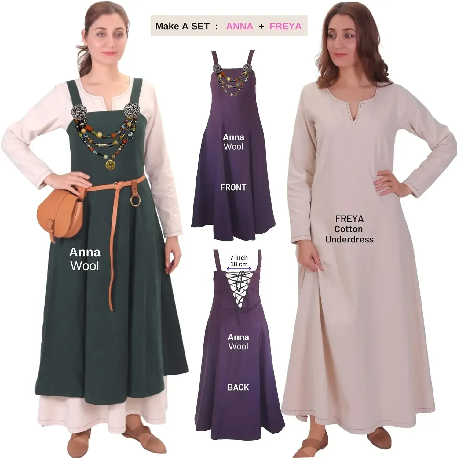 

Two Piece Set Medieval Viking Apron Overdress with Laced Medieval Classic Vintage Retro Vogue Flare Sleeve Tunic Dress Ladies