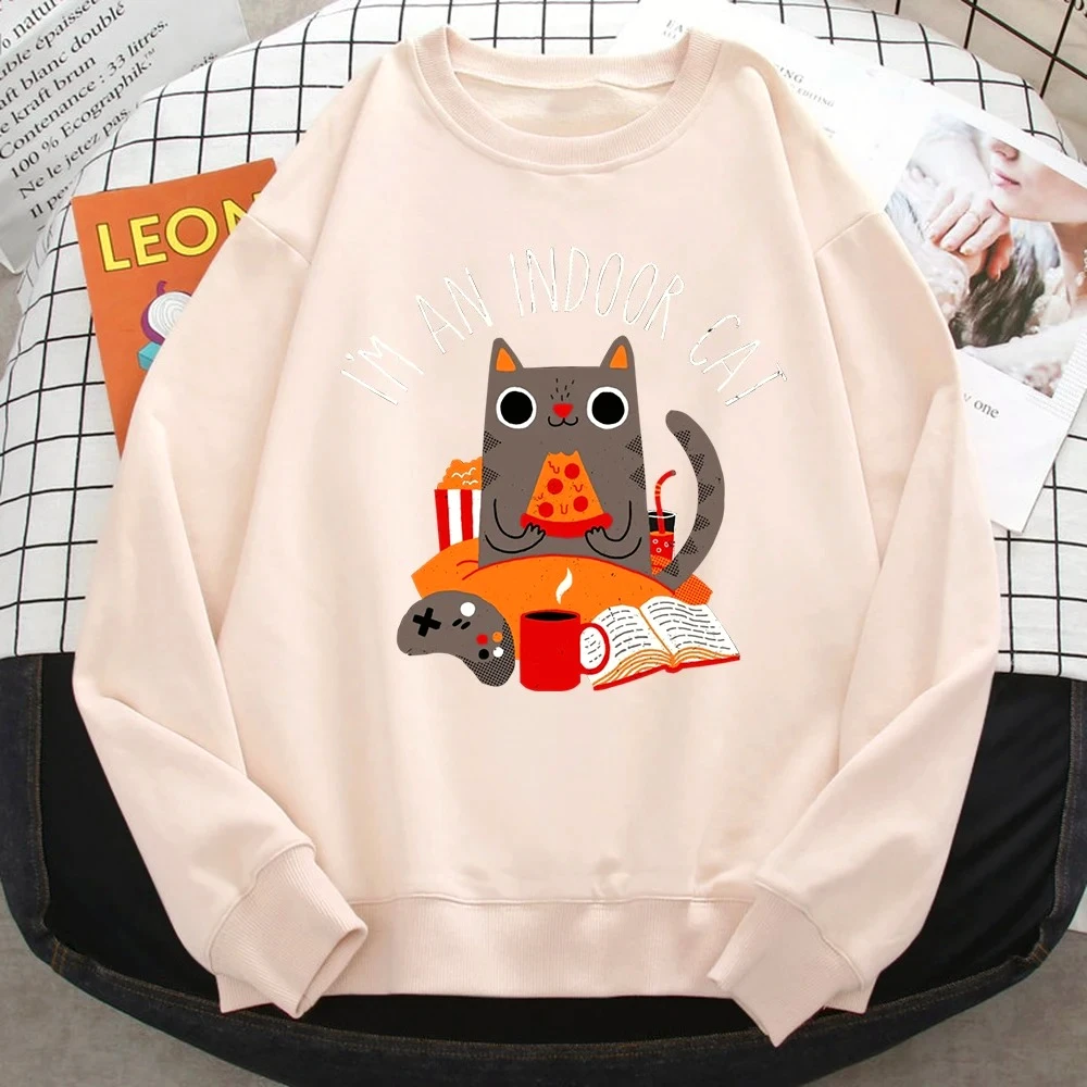 เสื้อสเวตเตอร์ผู้หญิงลายแมวทานพิซซ่า พิมพ์ลายฮู้ดดี้ สวมใส่สบาย ทรงหลวม คอกลม แขนยาว