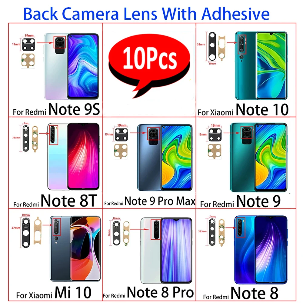 10Pcs, NEW For Xiaomi Redmi Note 6 7 8 9 Pro 8T 9S 9T 5G For Mi 10T Note 10 Pro Back Rear Camera Lens Glass With Adhensive