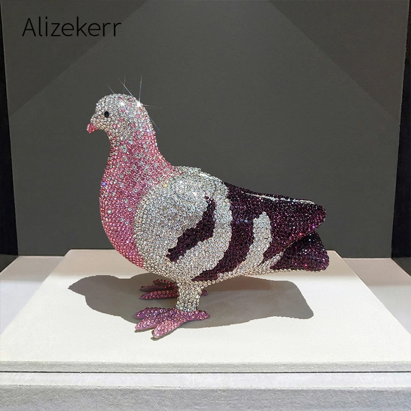 Alizekerr 3D Pigeon Shaped Crystal Evening Clutch Women Luxury Unique Sparkly Rhinestone Metallic Handbag Wedding Party Banquet