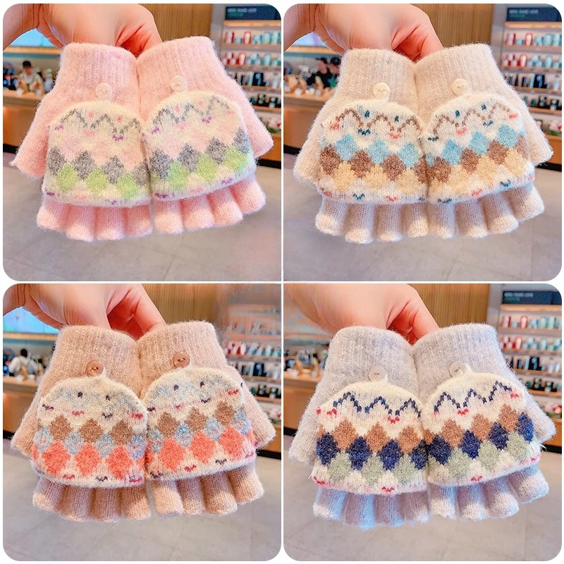 New Knitted Kids Convertible Flip Top Gloves Thick Warm Button Half‑Finger Gloves For Toddler Boys Girls Winter Hand Warm Gloves