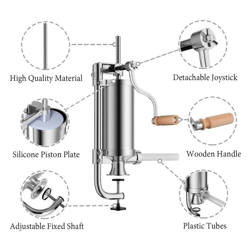 Riempitrice manuale per salsicce, 2,5 libbre/1,5 litri, strumento manuale, ripieno verticale per salsicce di carne in metallo
