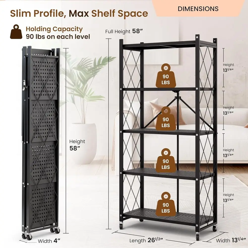 5-Tier Rolling Metal Storage Shelf with Wheels - Collapsible Rack for Kitchen, Pantry, and Office Organization