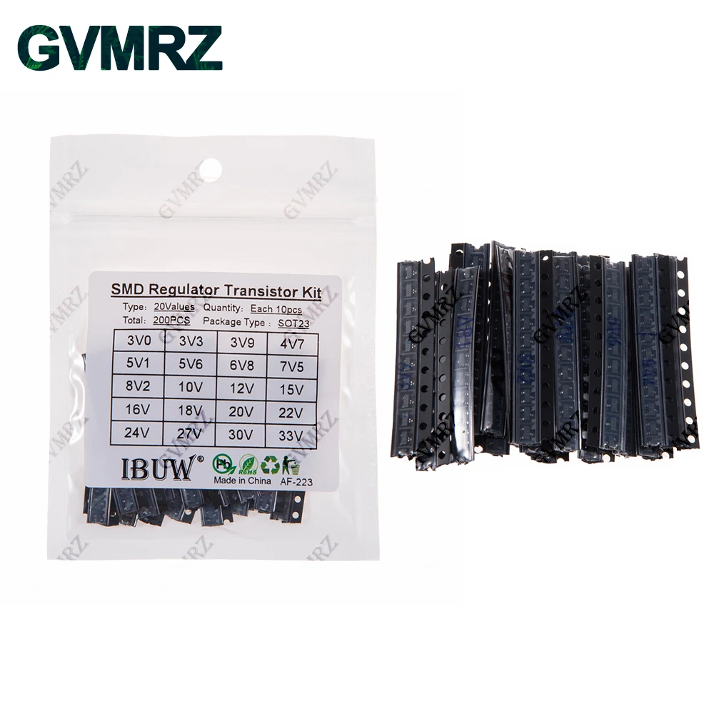 Kit de Transistor régulateur SMD SOT23 (3V-33V), 200 pièces, 20 valeurs, pour projet de régulation de tension électronique Arduino DIY