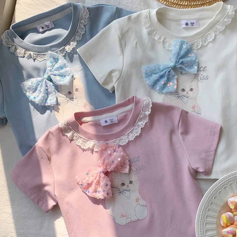 2-10T Toddler Kid Baby Girl Summer Clothes Cat Print Girls T Shirt Short Sleeve Lace Top Elegant Princess Tshirt Infant Outfit