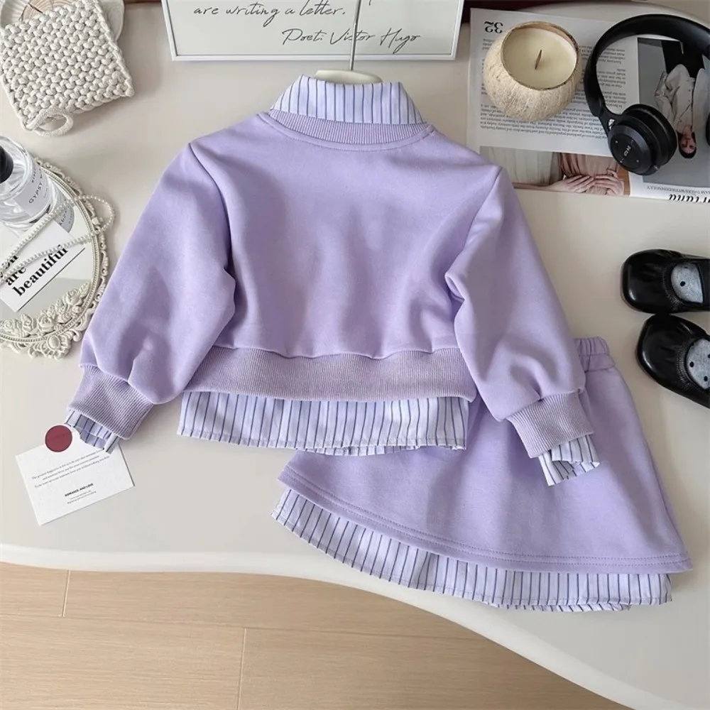 Bear Leader Autumn Girls' Purple Clothes Korean Version Long Sleeved Butterfly Pullover+Striped Shirt+Short Skirt 3 Piece Set