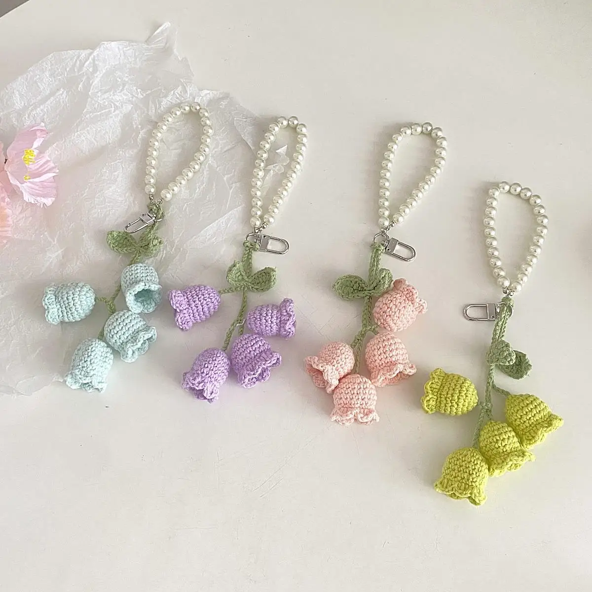 Sweet Pearl Wool Crochet Lily Of The Valley Keychain Girls Bag Pendant Cute Korean Flower Keyring Buckle Chain Jewelry