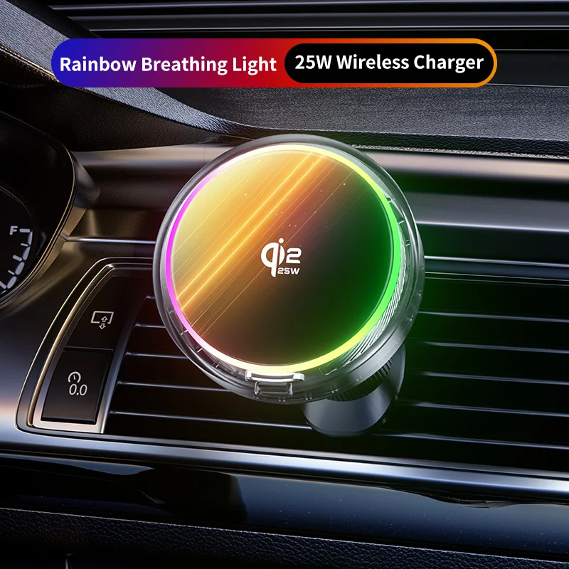 

25W Air Cooling qi2.2 Car Magnetic Wireless Charger RGB Light Phone Holder For Magsafe iPhone 17 16 15 14 13 12 Fast Charging